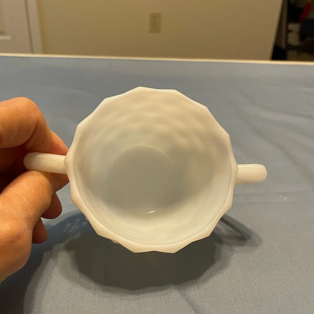 Vintage White Milk Glass Creamer and Open Sugar Bowl Set Cube or Cubist Pattern